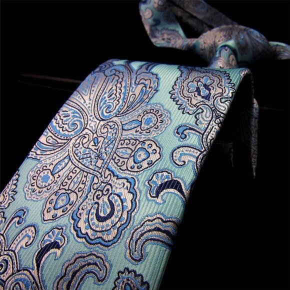 Blue Turquoise Silver Paisley DESIGN 100% SILK TIE Jacquard Woven Holographic Ne - Picture 5 of 7